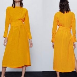 Zara Women’s Yellow Gold Belted Long Shirt Maxi Dress XL